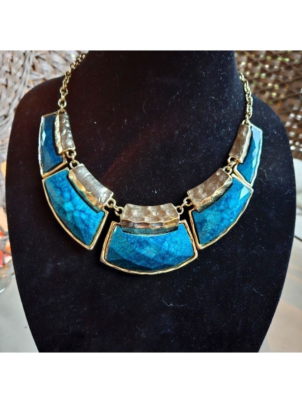 Hammered Sea Blue Enamel and Gold-tone Panel Collar Necklace